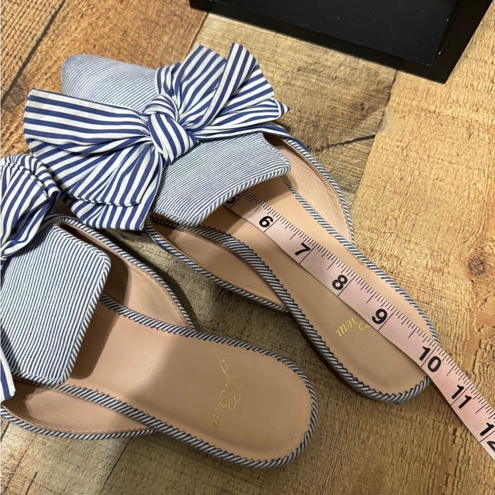 J.Crew Pointed Toe Mixed Stripe Bow Slides Blue White Mules Flats Fabric 7.5 - Picture 11 of 12